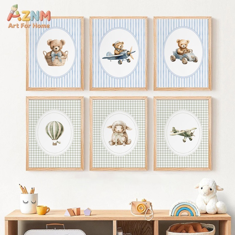 Baby Nursery Set Furniture - Aquarel teddybeer kinderkamer muurkunst blauwe strepen