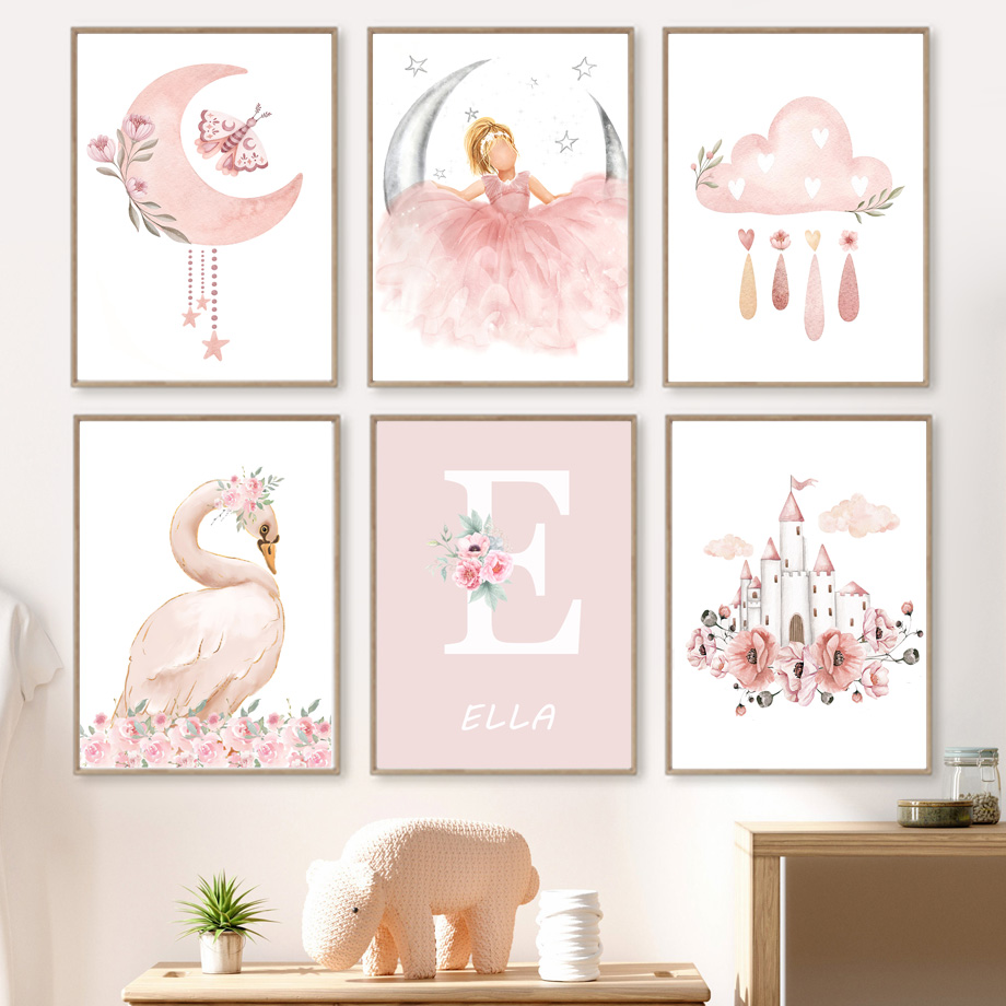 Baby Nursery Girl Room - Roze Engel Meisje Zon Maan Wolk