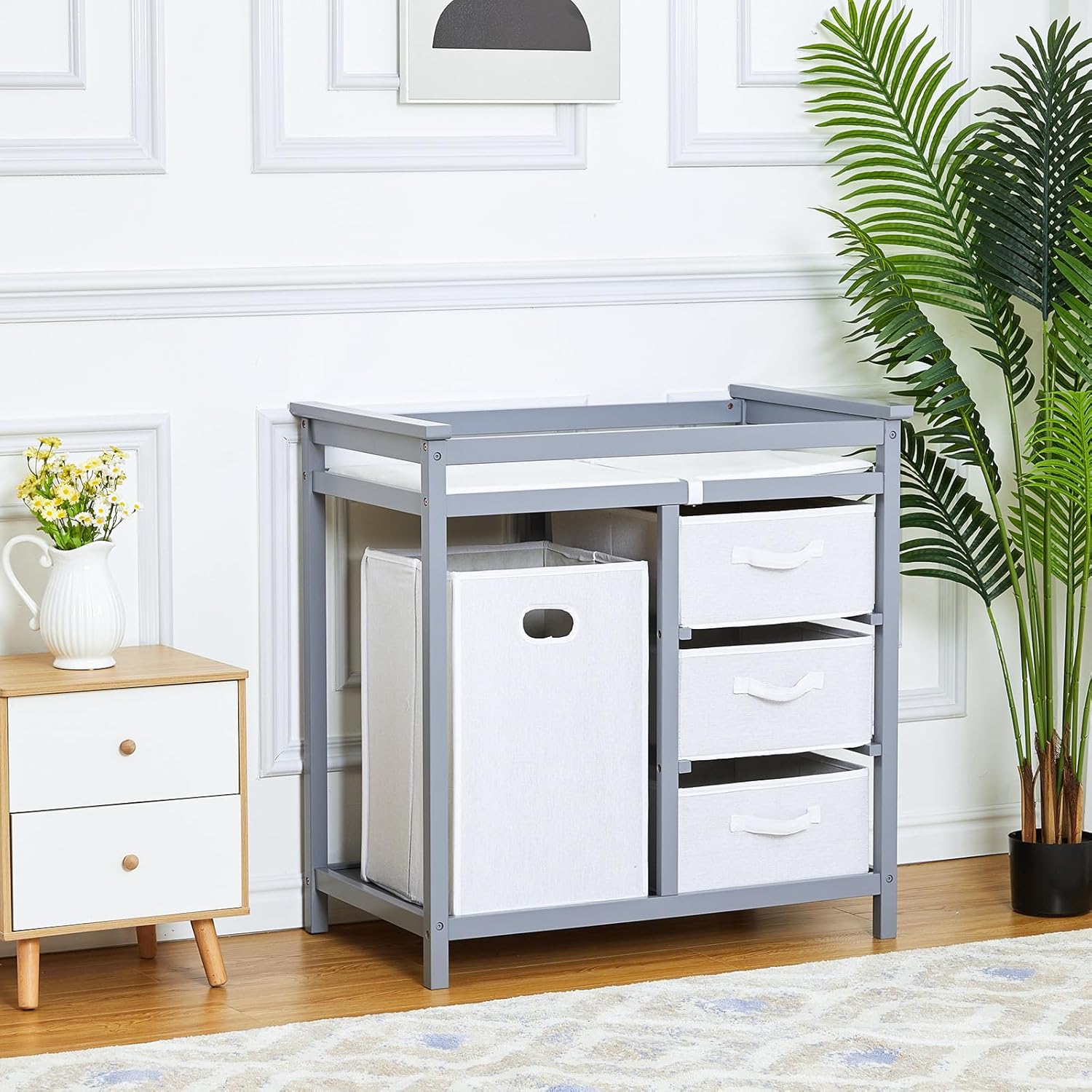 Baby Nursery Unit - Babyverschoontafel met verschoningsmatras, 3 laden, wasmand