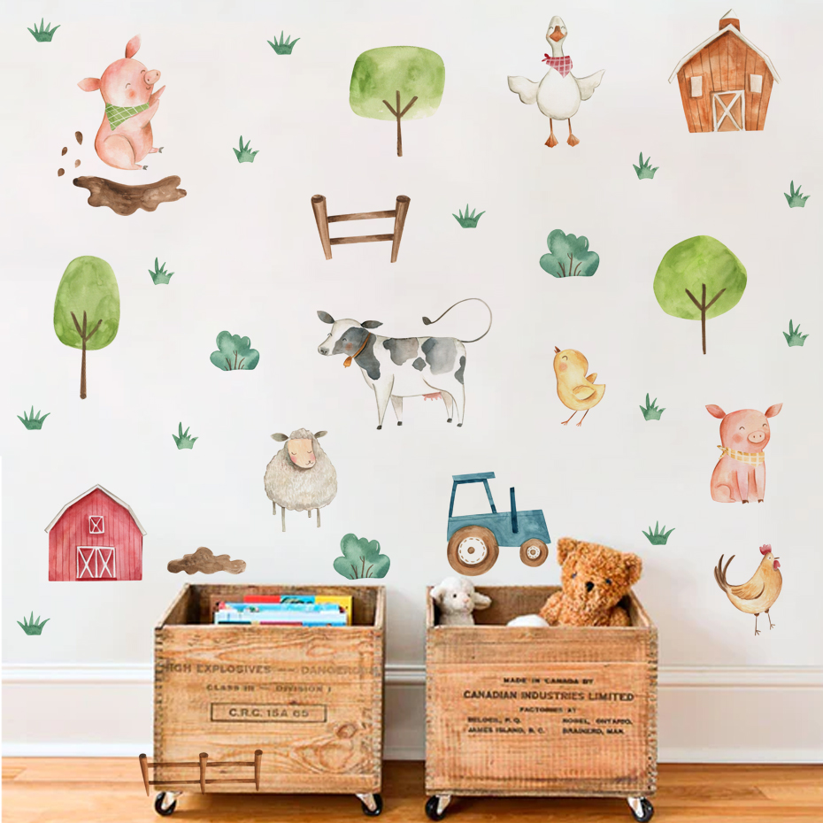 Baby Nursery Murals - Boho Aquarel Schattige Boerderijdieren Varkensvee Muurstickers