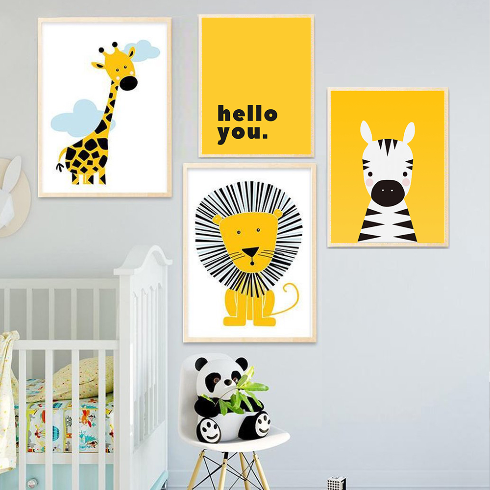 Baby Nursery Yellow Walls - Cartoon Dier Posters Geel Leeuw Giraffe