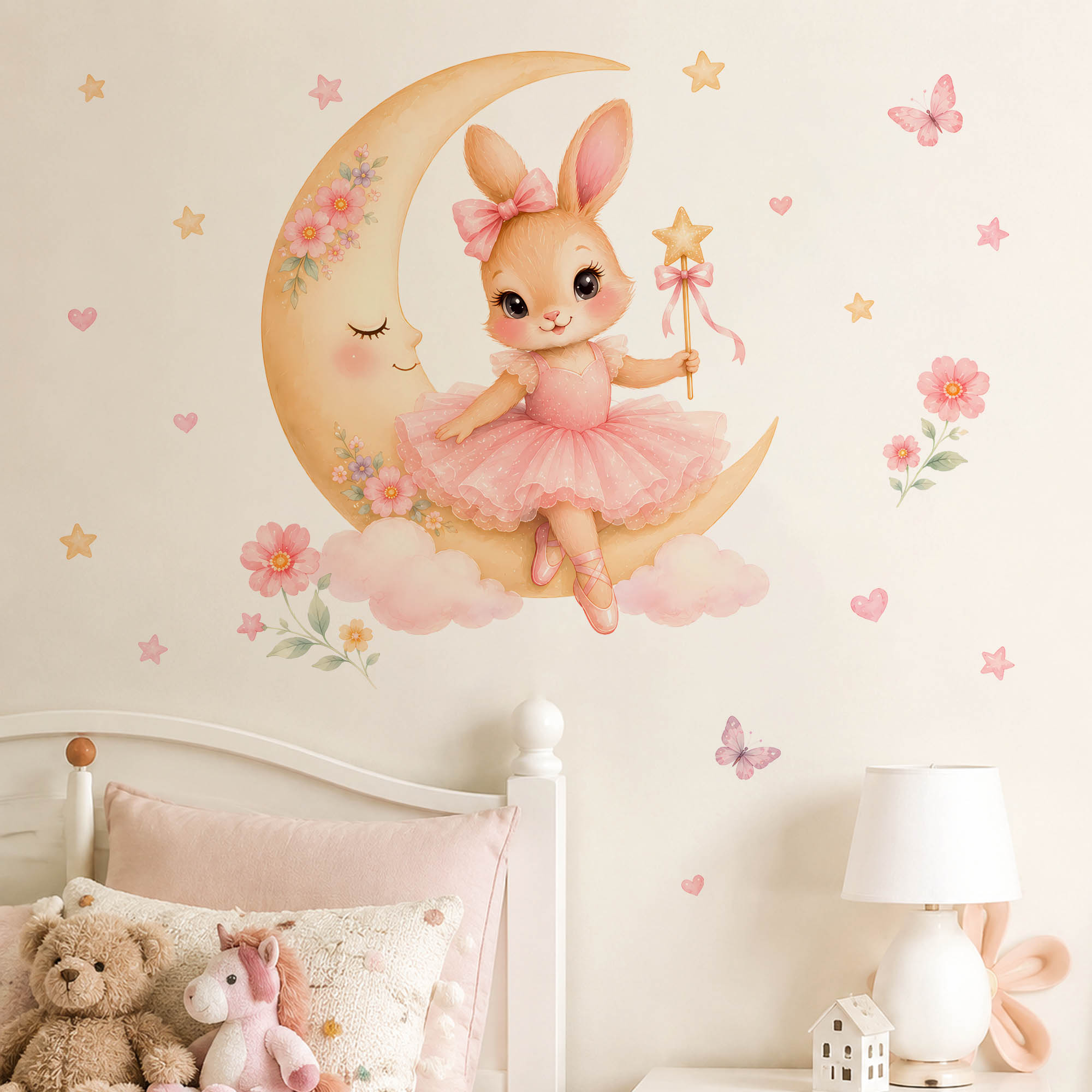 Baby Nursery Girl Room - Waterverf Ballerina Konijn Maan Wandstickers Roze