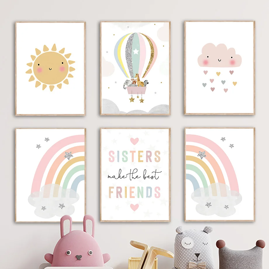 Baby Nursery Pictures - Giraffe Olifant Heteluchtballon Zon Regenboog Kinderkamer