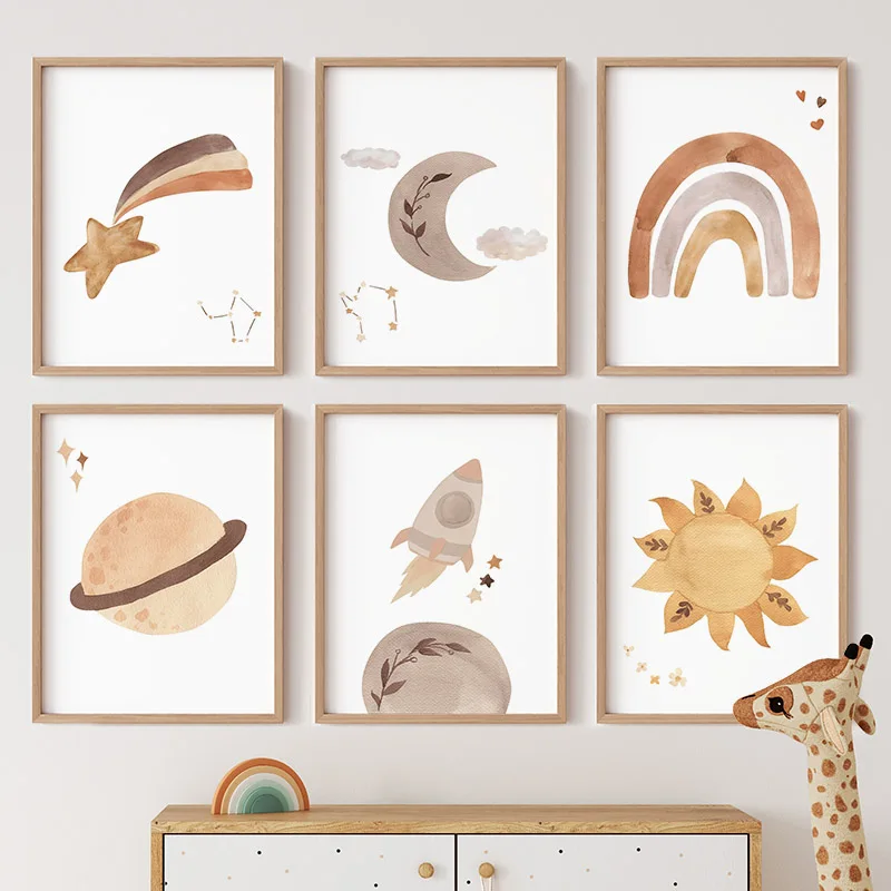 Baby Nursery Murals - Aquarel Regenboog Zon Maan Raket Planeet