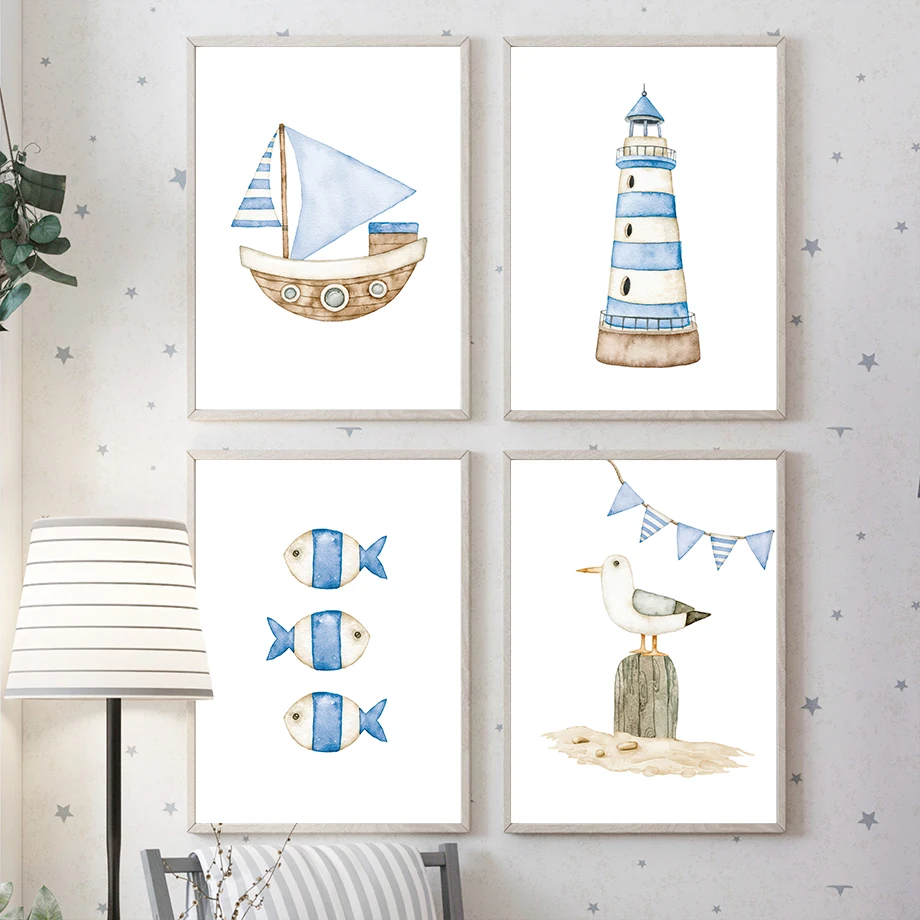 Baby Nursery Pictures - Zeilboot Vuurtoren Vis Nautische Kinderkamer Posters