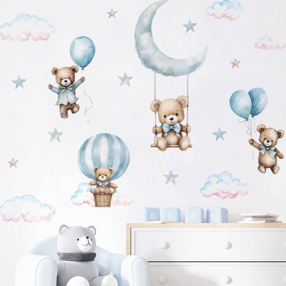 Baby Nursery Set Furniture - Aquarel beer heteluchtballon wolk muurstickers blauwe