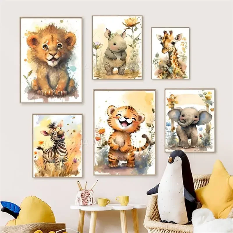 Baby Nursery Pictures - Aquarel Leeuw Giraffe Tijger Olifant Zebra