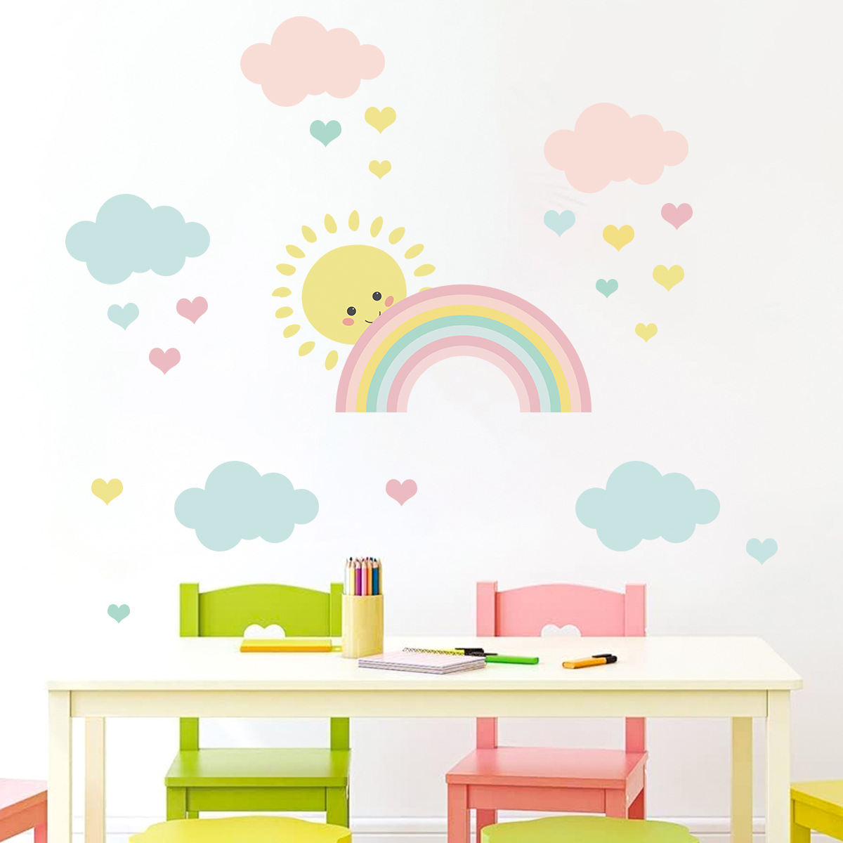 Baby Nursery Murals - Cartoon Zon Regenboog Wolken Muurstickers Kinderkamer