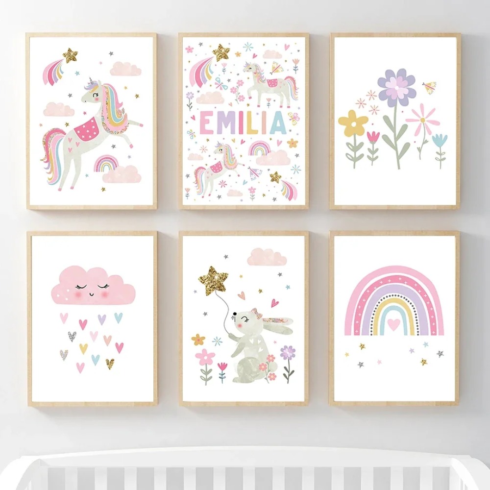 Baby Nursery Girl Room - Roze Eenhoorn Konijn Regenboog Wolk Bloem