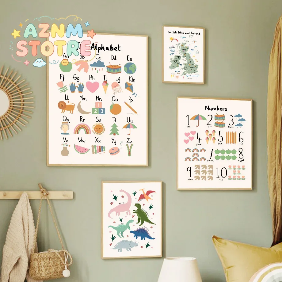 Baby Nursery Pictures - Dierenwereldkaart Dinosaurus Alfabet Nummer Canvas Wandkunst