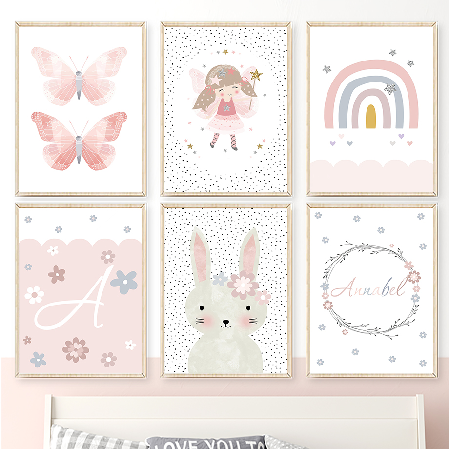 Baby Nursery Girl Room - Schattig meisje konijn bloem vlinder regenboog