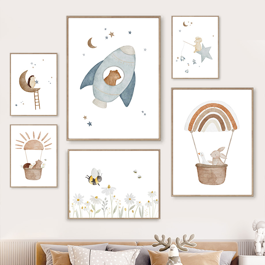 Baby Nursery Murals - Cartoon Dieren Kinderkamer Muurschildering Konijn Egel