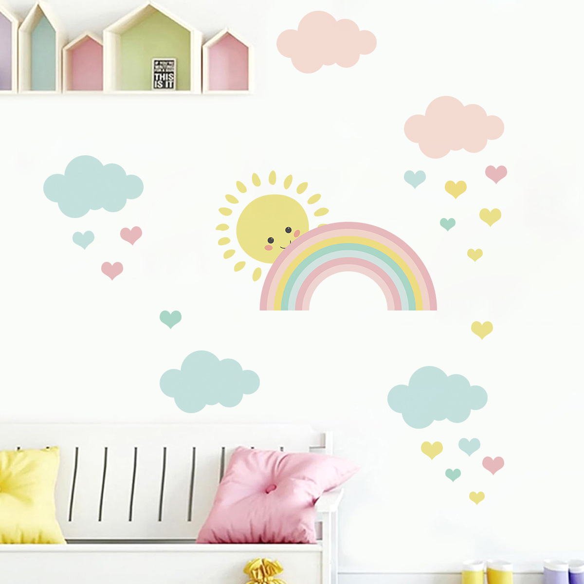 Cartoon Zon Regenboog Wolken M - Baby Nursery Murals recensie en prijs