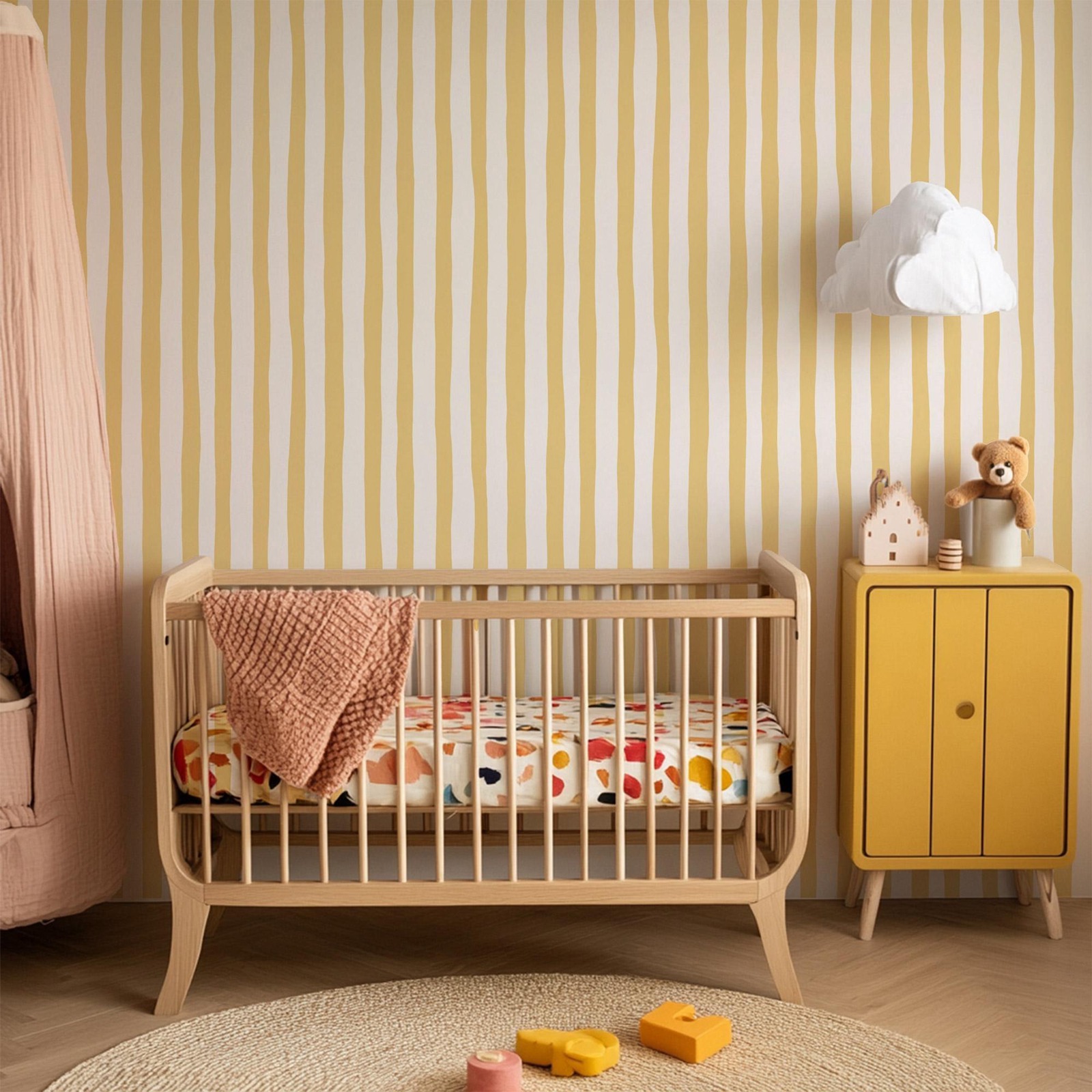 Sunshine gele wiebelde strepen - Baby Nursery Yellow Walls recensie en prijs